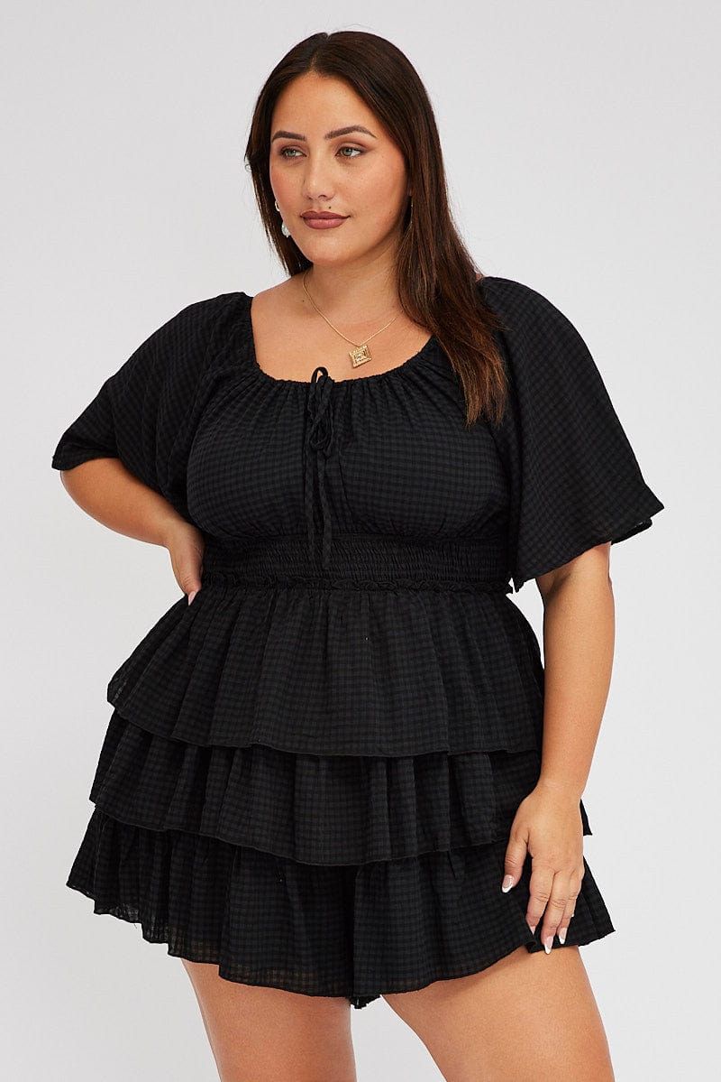 Black Textured Frill Playsuit Flare Sleeve for YouandAll Fashion