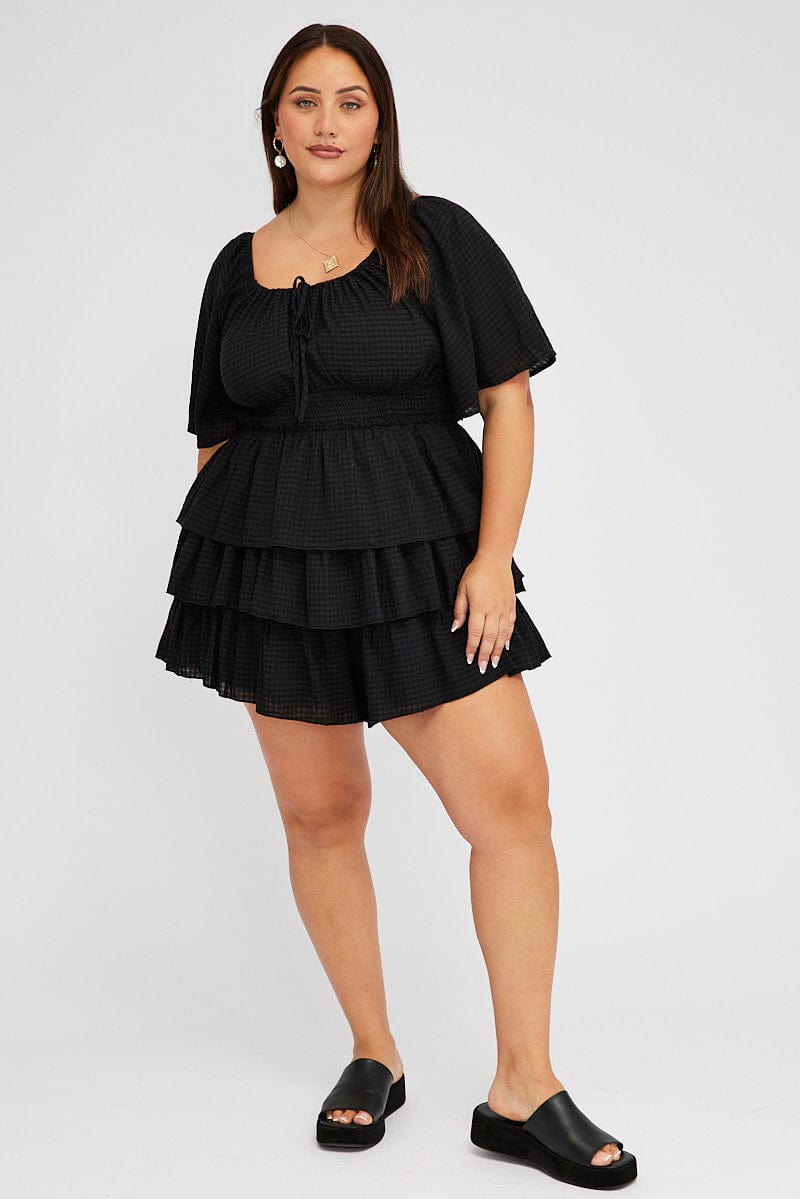 Black Textured Frill Playsuit Flare Sleeve for YouandAll Fashion