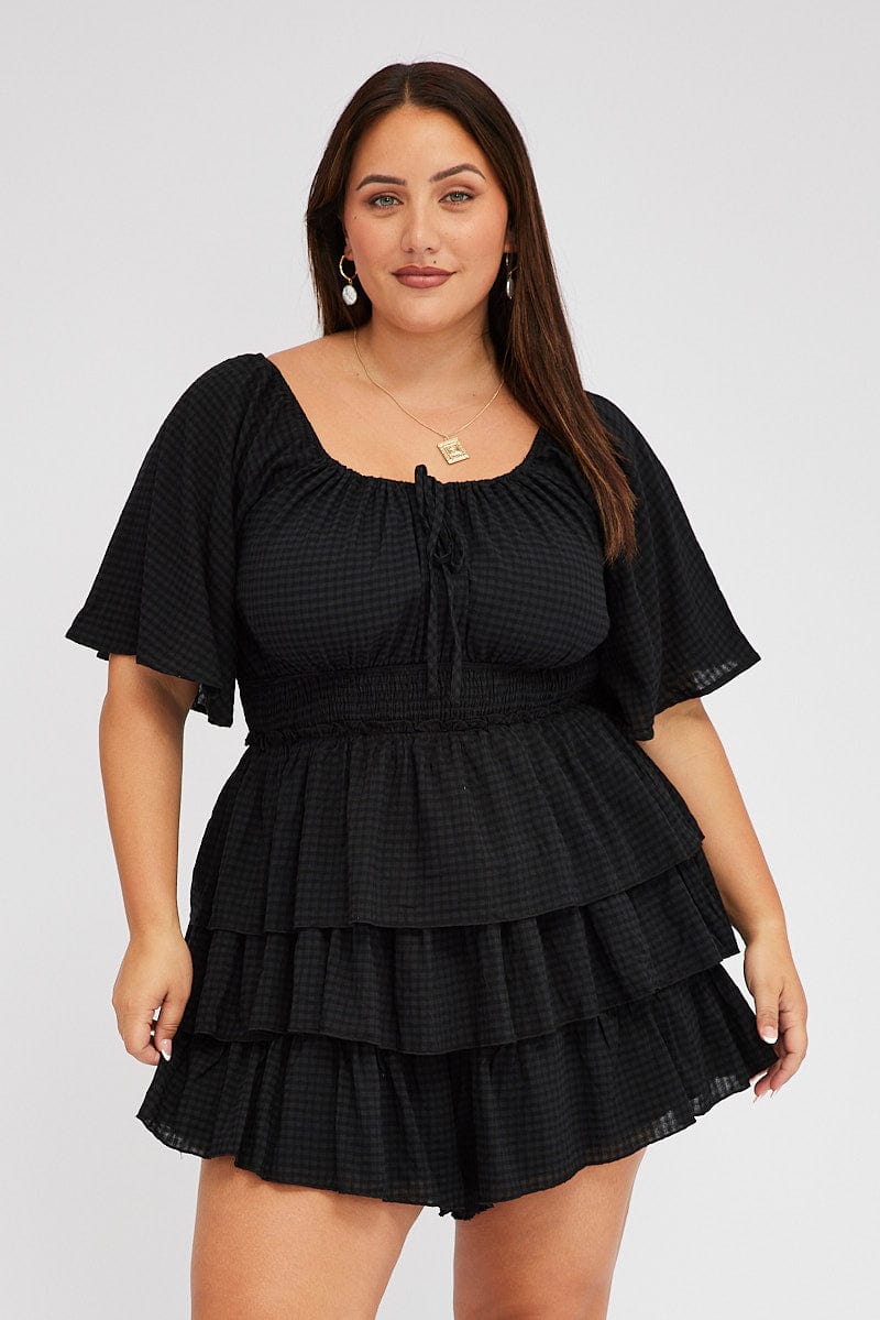 Black Textured Frill Playsuit Flare Sleeve for YouandAll Fashion