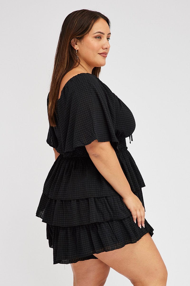 Black Textured Frill Playsuit Flare Sleeve for YouandAll Fashion