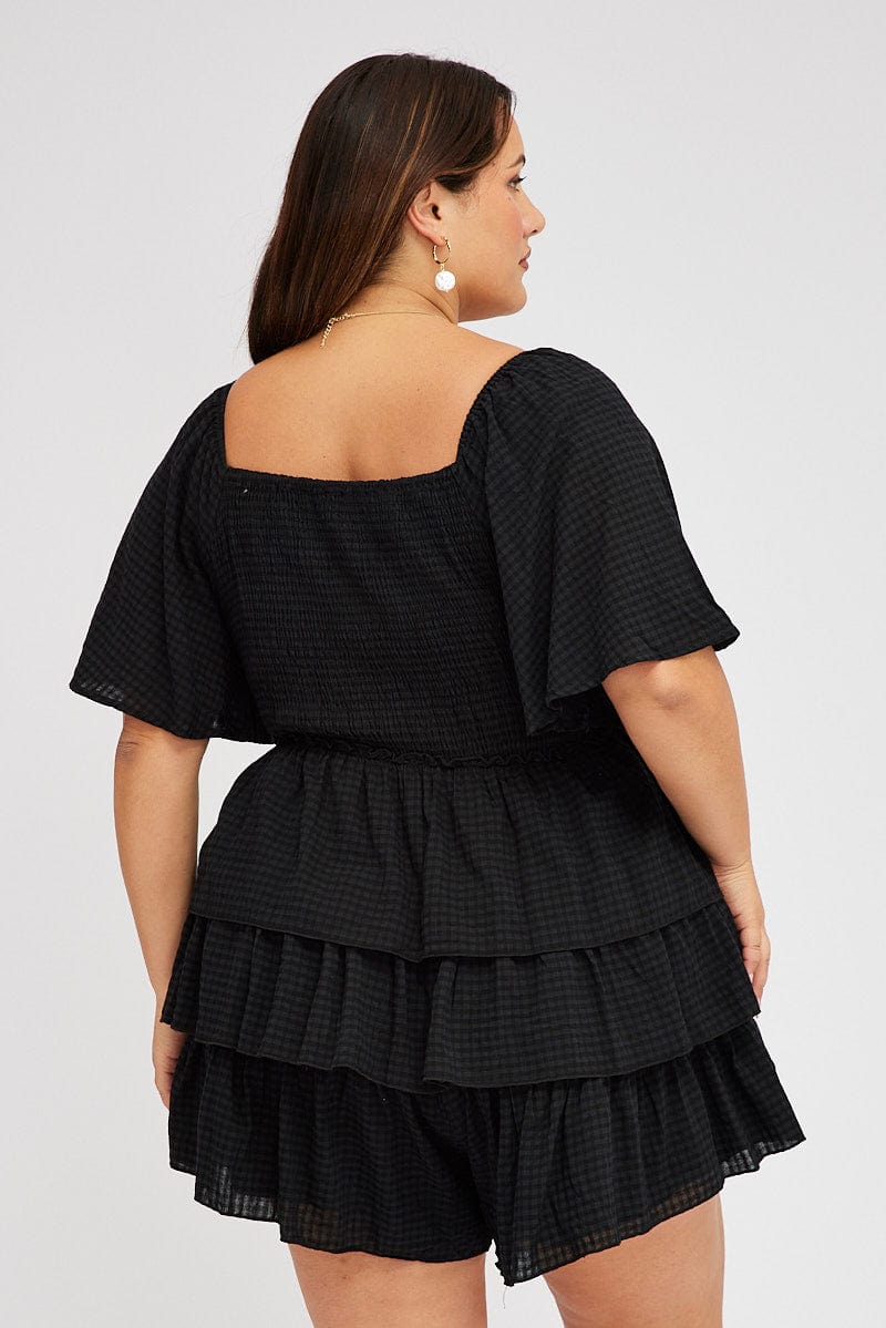 Black Textured Frill Playsuit Flare Sleeve for YouandAll Fashion