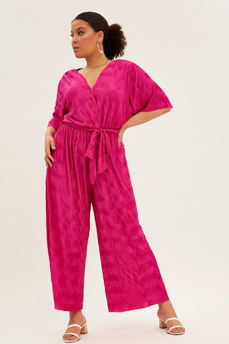 Pink Wide Leg Jumpsuit Plisse Short Sleeve for YouandAll Fashion