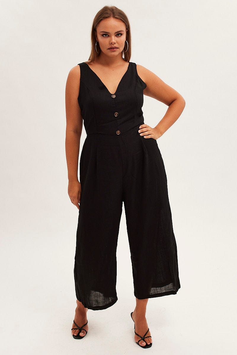 Black Cropped Jumpsuit Button Front Linen Blend for YouandAll Fashion