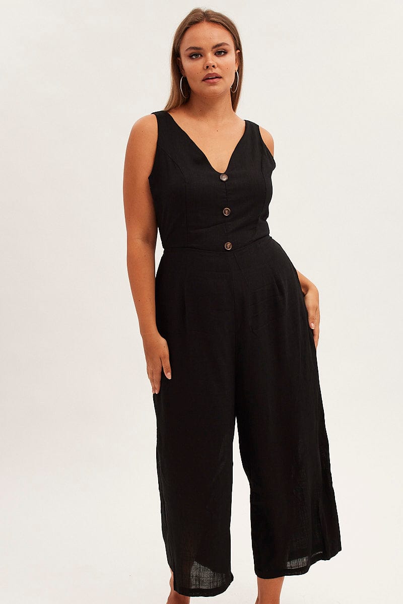 Black Cropped Jumpsuit Button Front Linen Blend for YouandAll Fashion