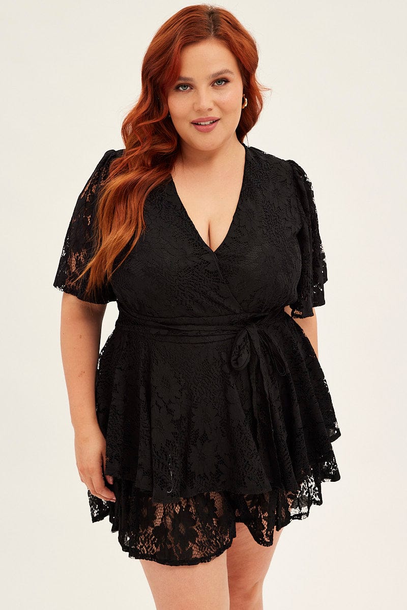 Black Ruffle Playsuit Short Sleeve Lace for YouandAll Fashion