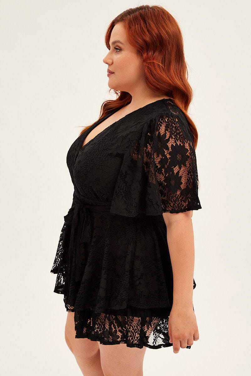 Black Ruffle Playsuit Short Sleeve Lace for YouandAll Fashion