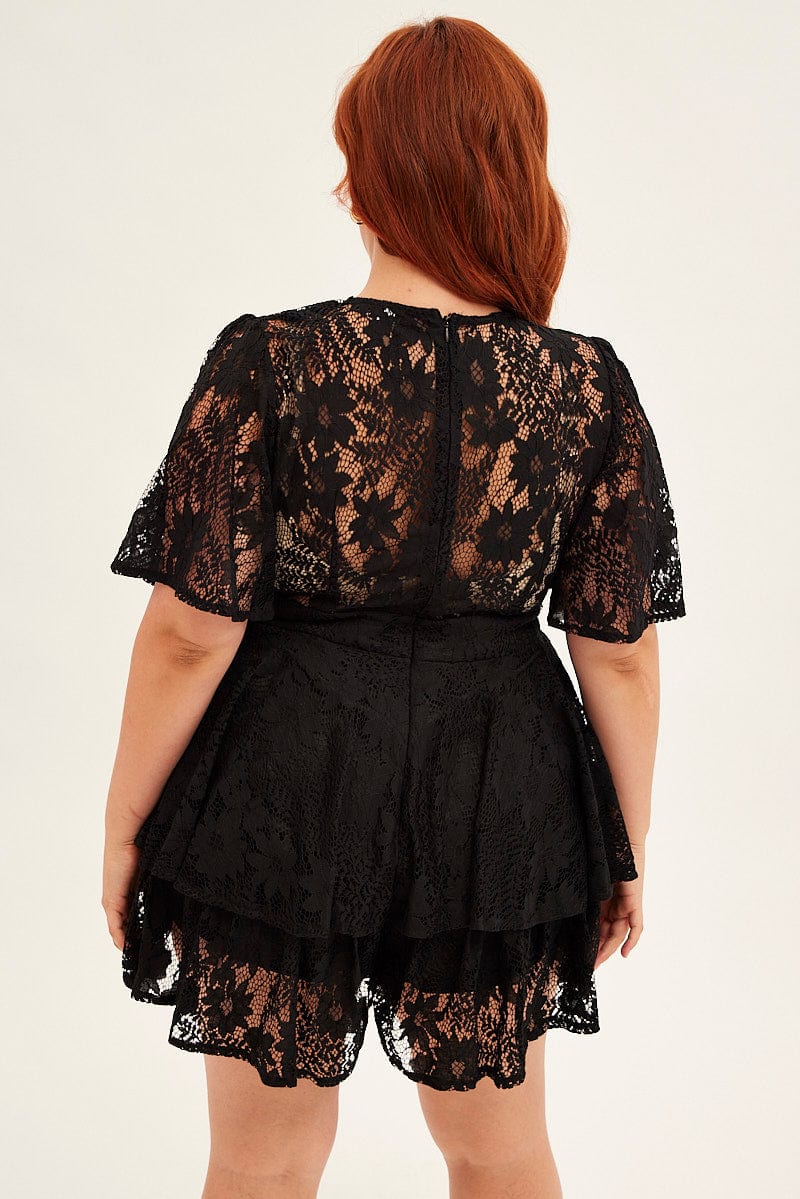 Black Ruffle Playsuit Short Sleeve Lace for YouandAll Fashion