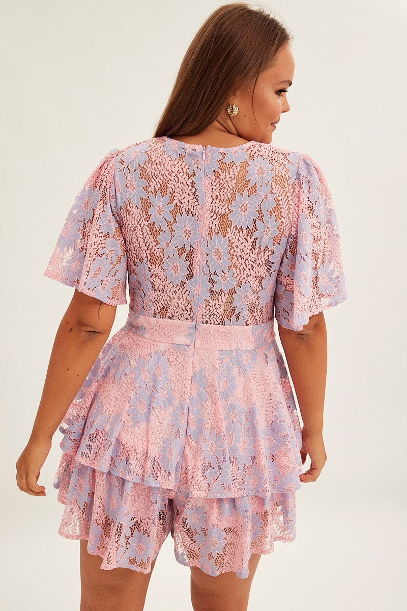 Blue Ruffle Playsuit Short Sleeve Lace for YouandAll Fashion