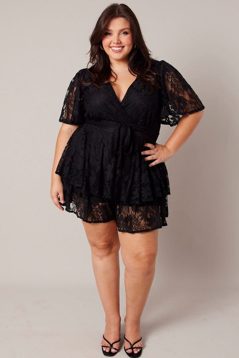 Black Ruffle Playsuit Short Sleeve Lace for YouandAll Fashion