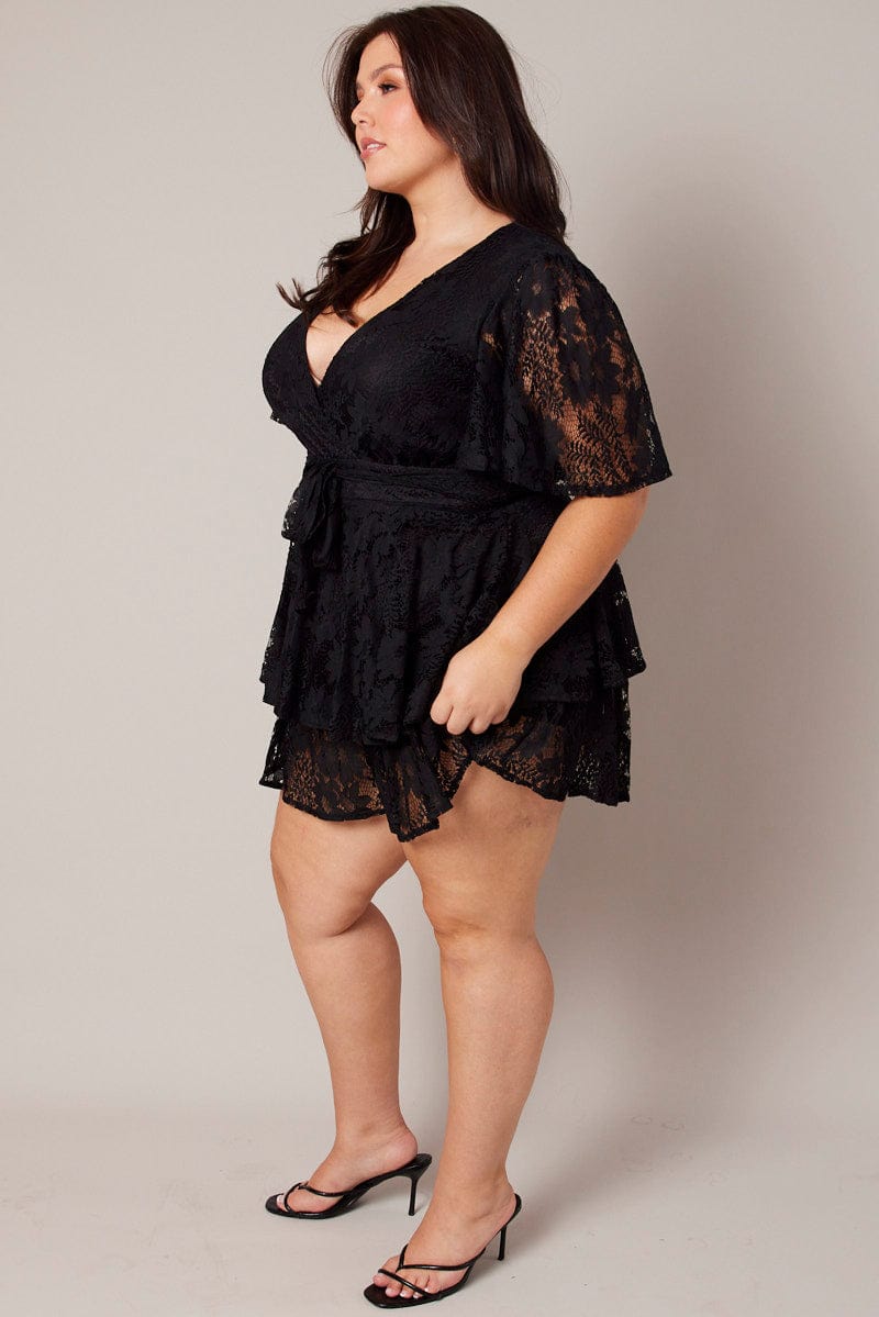 Black Ruffle Playsuit Short Sleeve Lace for YouandAll Fashion