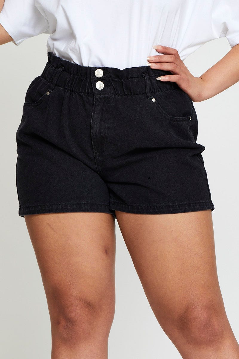 Black Denim Shorts High Rise Paperbag For Women By You And All
