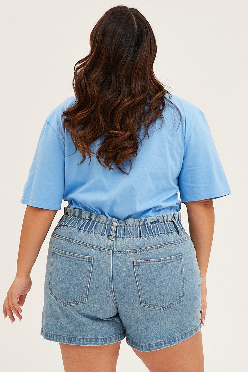 Blue High Rise Paperbag Denim Shorts for Women by You + All