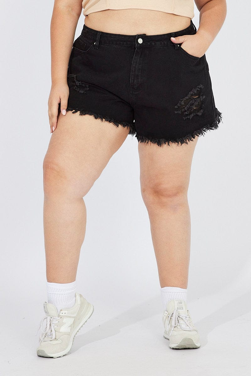 Black Relaxed Denim Shorts High Rise for YouandAll Fashion