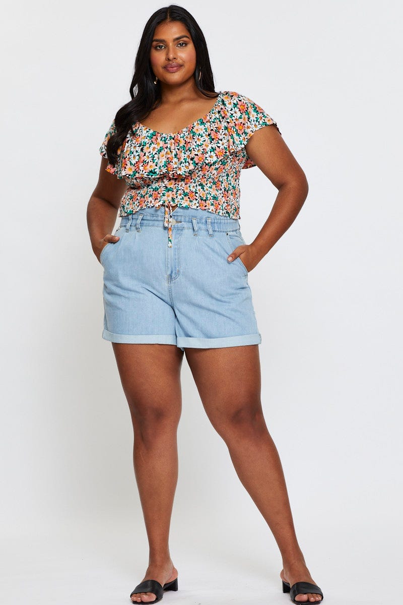 Blue Denim Shorts High Rise Relaxed For Women By You And All