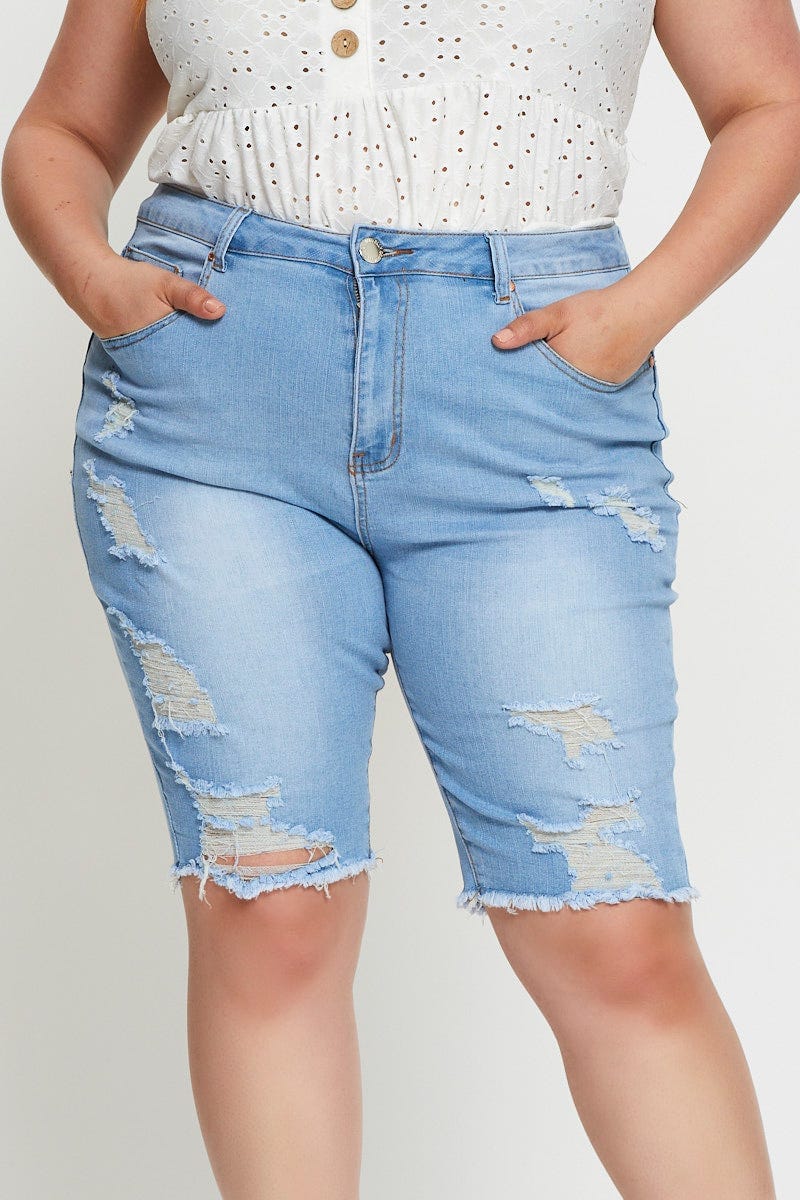 Blue Denim Shorts High Rise Distressed Knee Length For Women By You And All