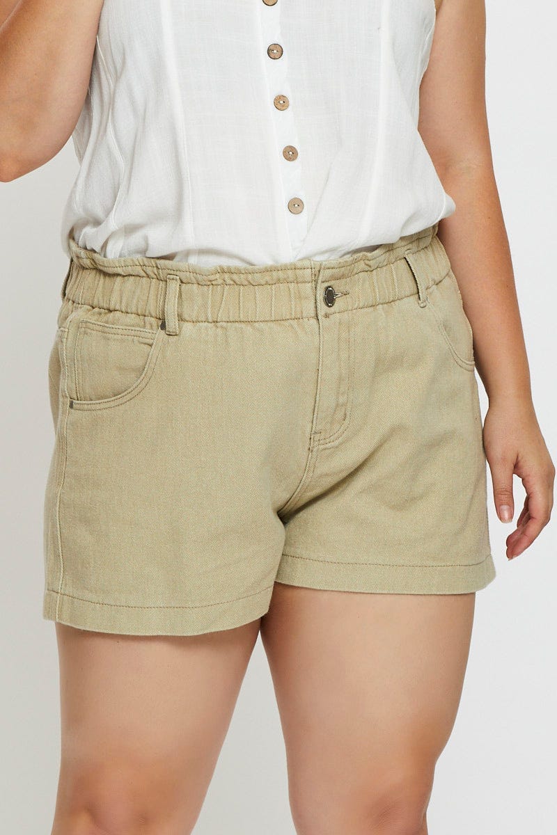 Camel Denim Shorts High Rise Paperbag For Women By You And All