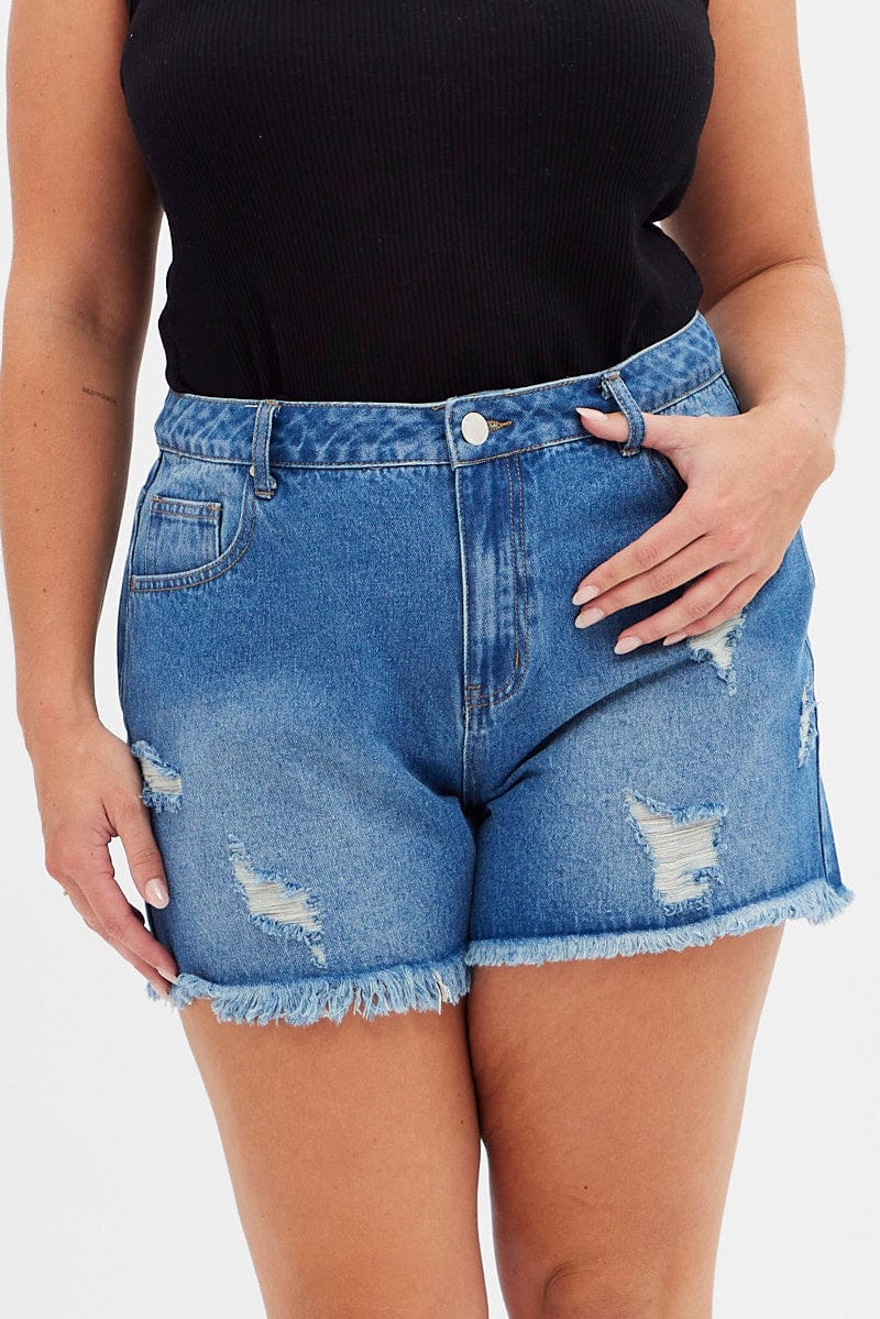 Blue Relaxed Denim Shorts High Rise for YouandAll Fashion