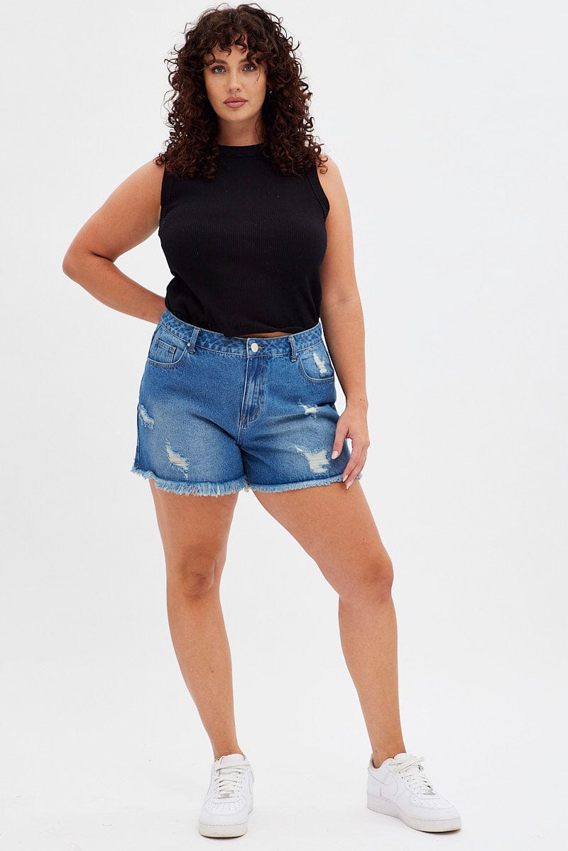 Blue Relaxed Denim Shorts High Rise for YouandAll Fashion