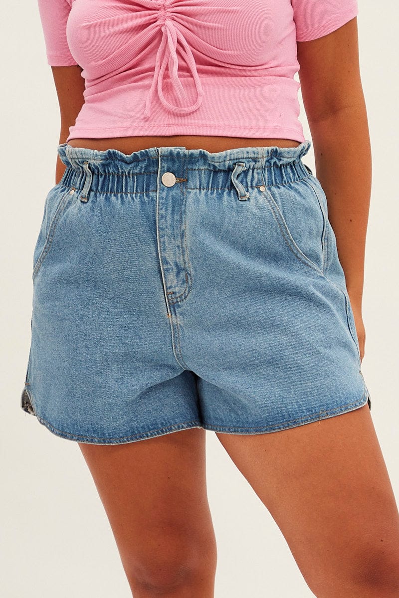 Blue Paperbag Denim Shorts High Rise for YouandAll Fashion