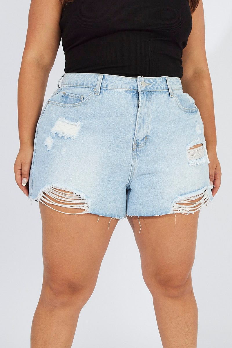 Denim Relaxed Shorts High Rise Distressed Hem for YouandAll Fashion