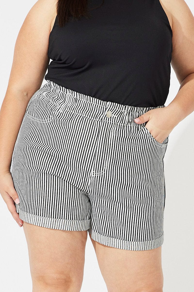 Black Stripe Relaxed Shorts High Rise for YouandAll Fashion