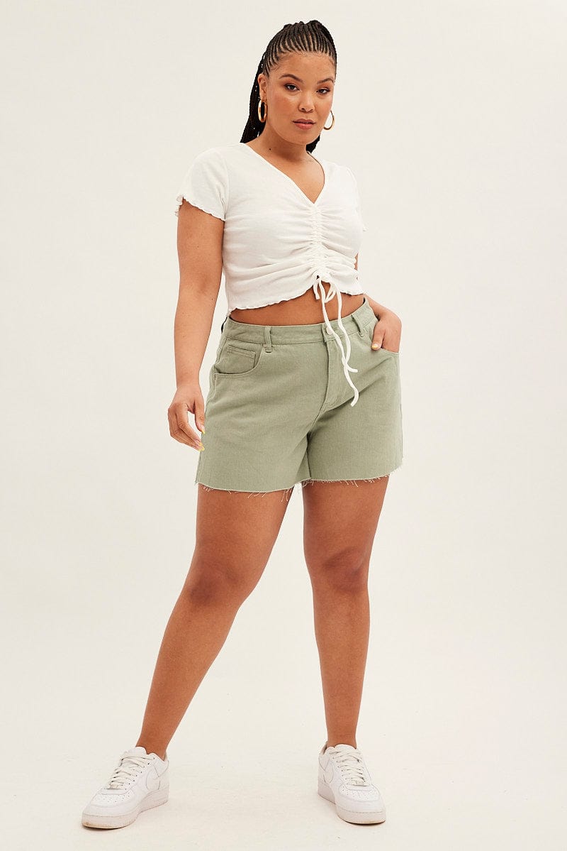 Green Relaxed Denim Shorts High rise Side Slit for YouandAll Fashion