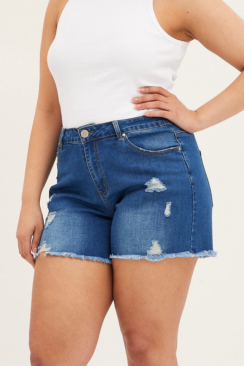 Blue High Rise Distressed Skinny Denim Shorts for Women by You + All