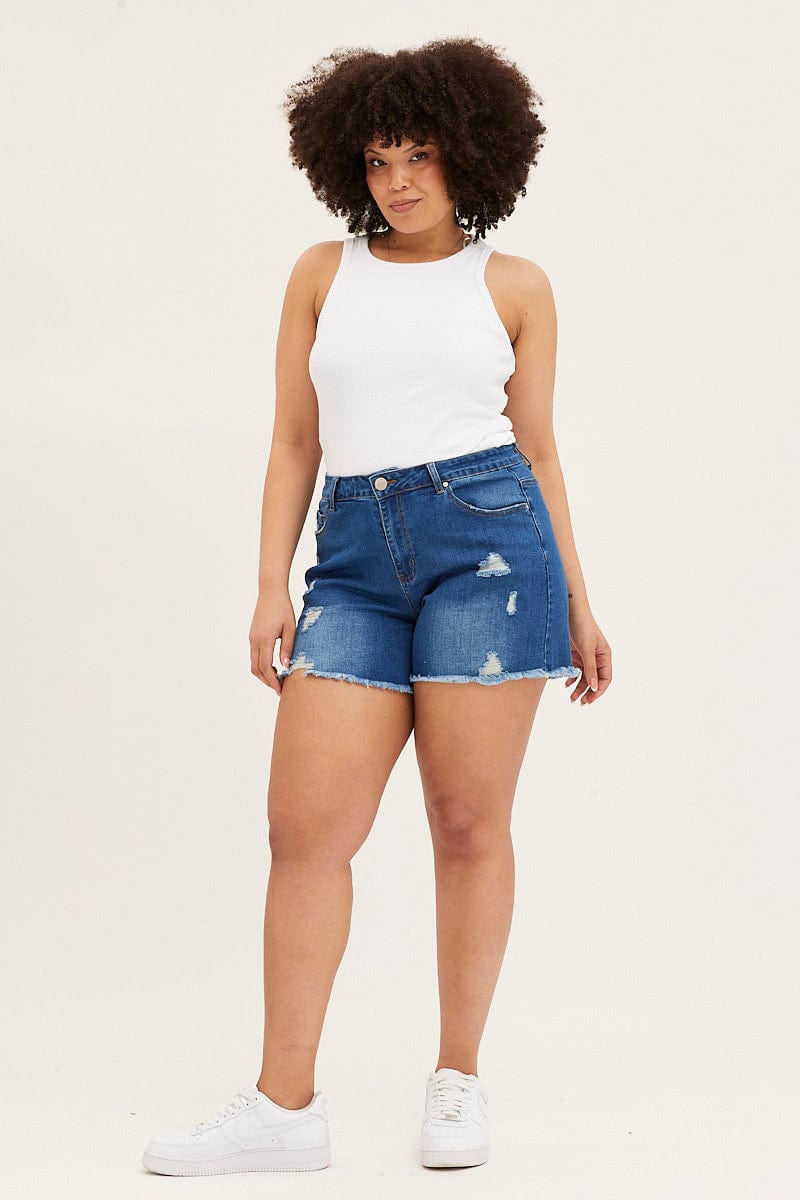 Blue High Rise Distressed Skinny Denim Shorts for Women by You + All