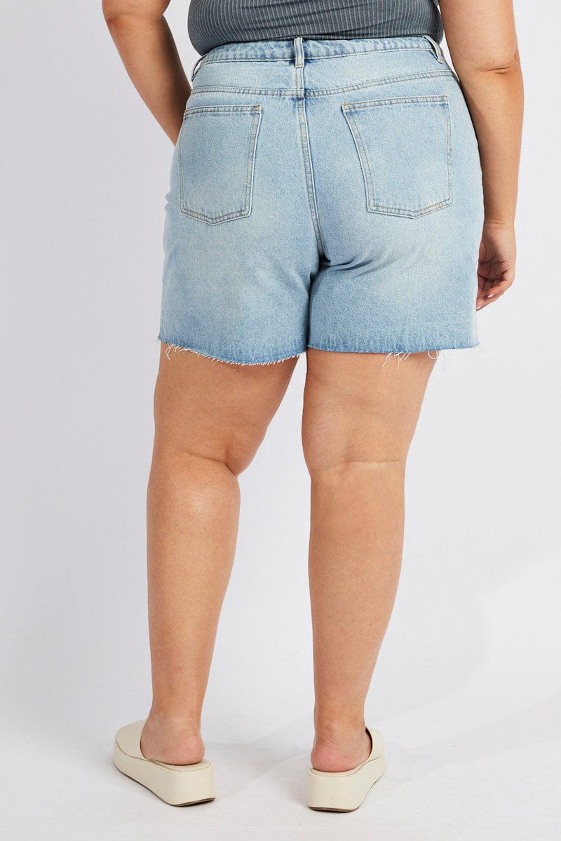 Denim Longline Shorts High Rise Relaxed Fit Raw Hem for YouandAll Fashion