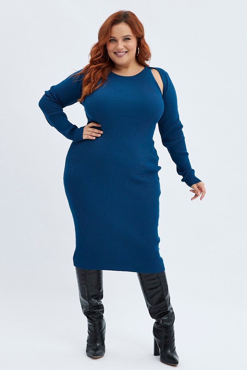 Blue Knit Dress Cutout Shoulder Midi Rib for YouandAll Fashion