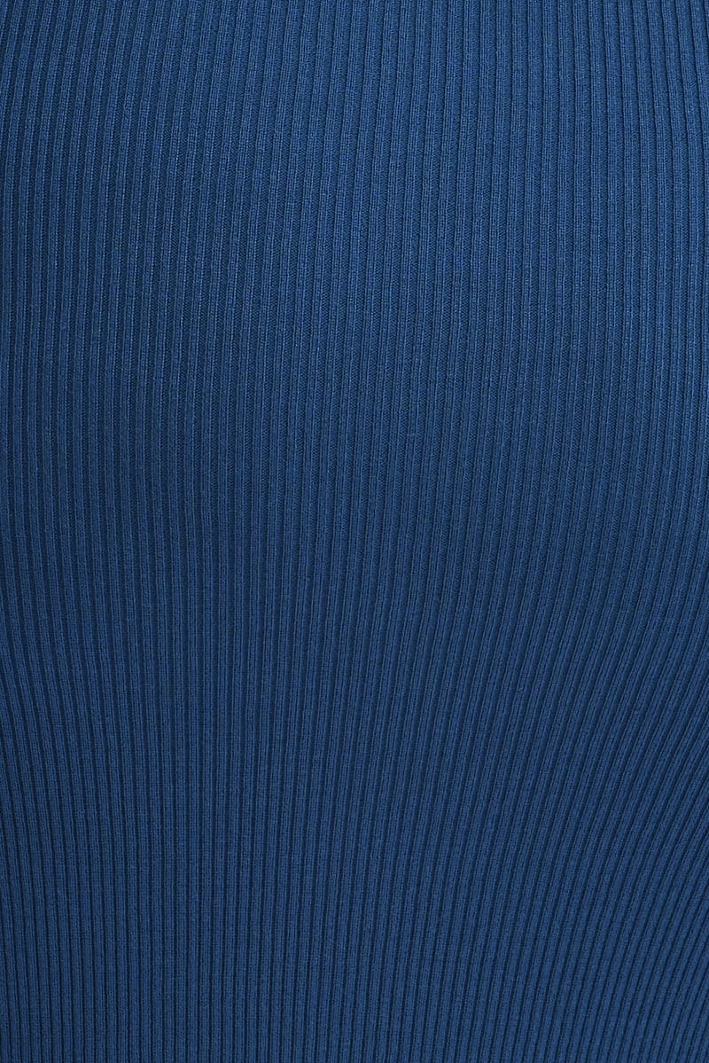 Blue Knit Dress Cutout Shoulder Midi Rib for YouandAll Fashion