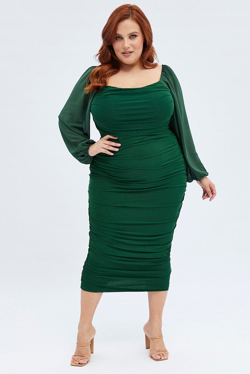 Green Bodycon Dress Mesh Balloon Sleeve Ruched Midi | You & All Green Bodycon Dress Mesh Balloon Sleeve Ruched Midi | You & All