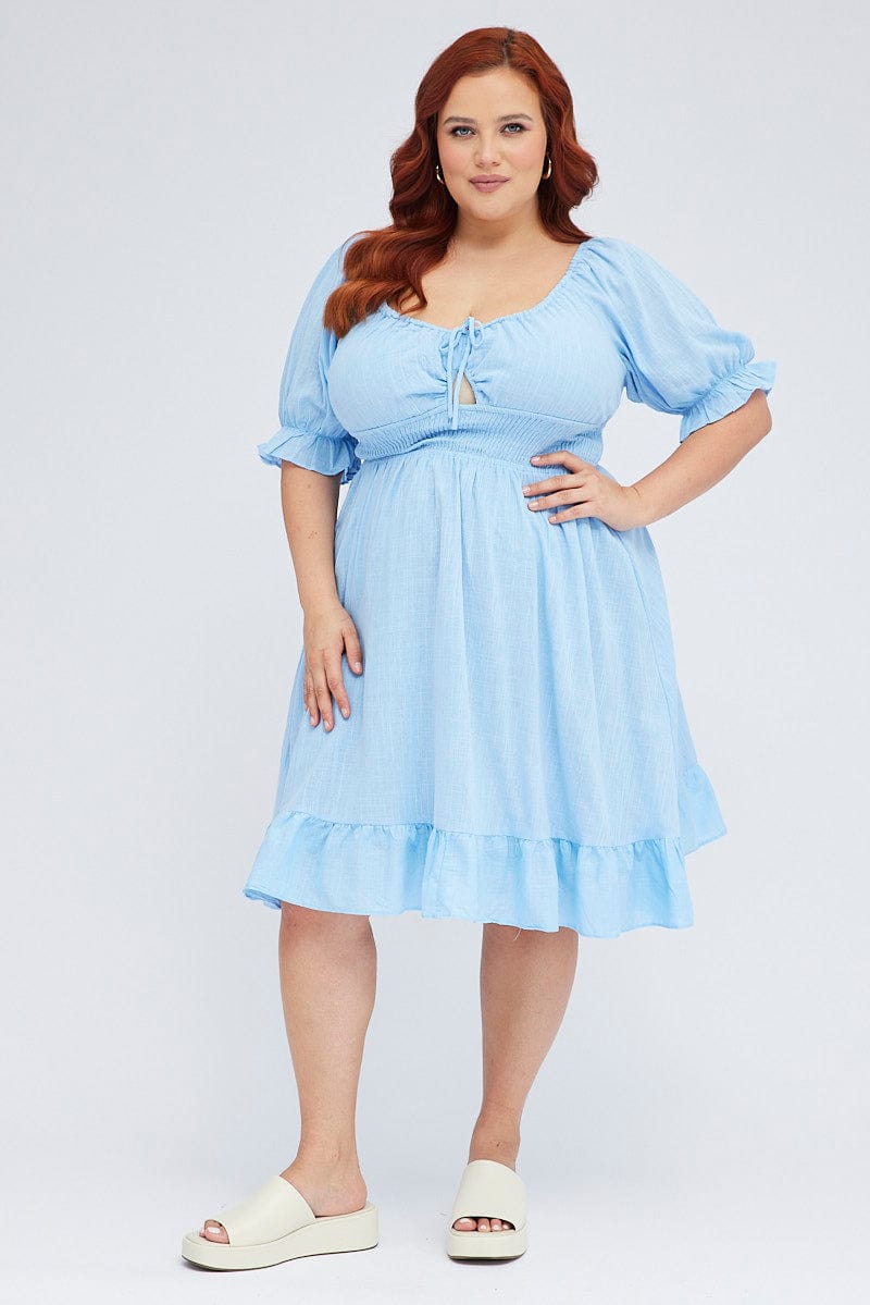 Plus Size Mid Blue Short Puff Sleeve Peephole Blue Skater Dress | You ...