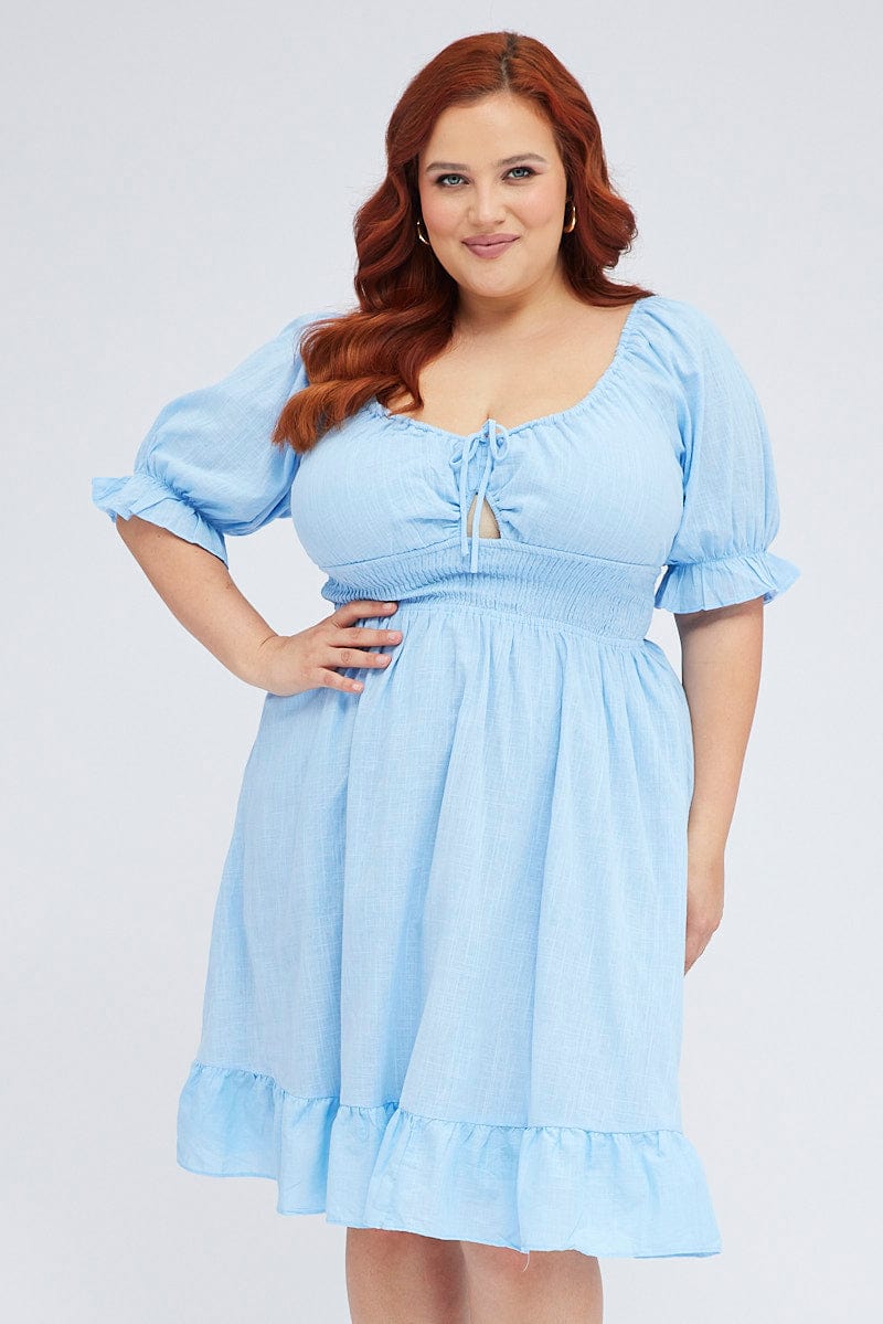 Mid Blue Short Puff Sleeve Peephole Blue Skater Dress for YouandAll Fashion