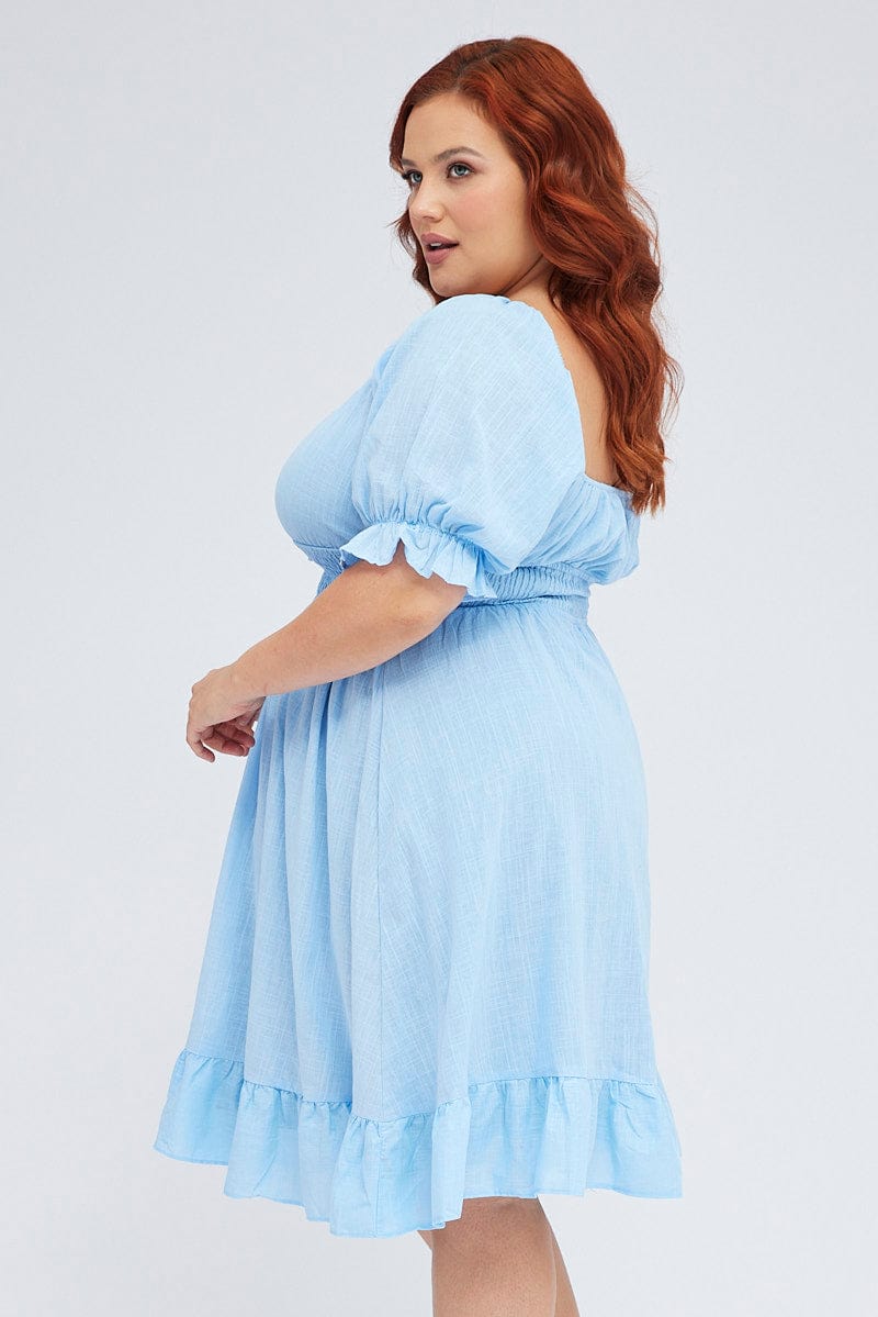 Mid Blue Short Puff Sleeve Peephole Blue Skater Dress for YouandAll Fashion