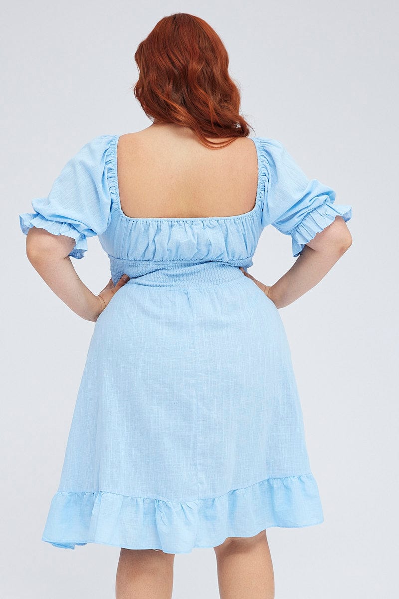 Mid Blue Short Puff Sleeve Peephole Blue Skater Dress for YouandAll Fashion