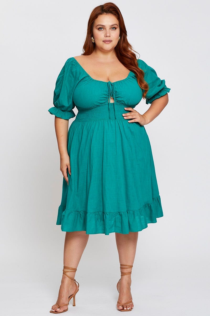 Green Short Puff Sleeve Peephole Skater Dress for Women by You and All