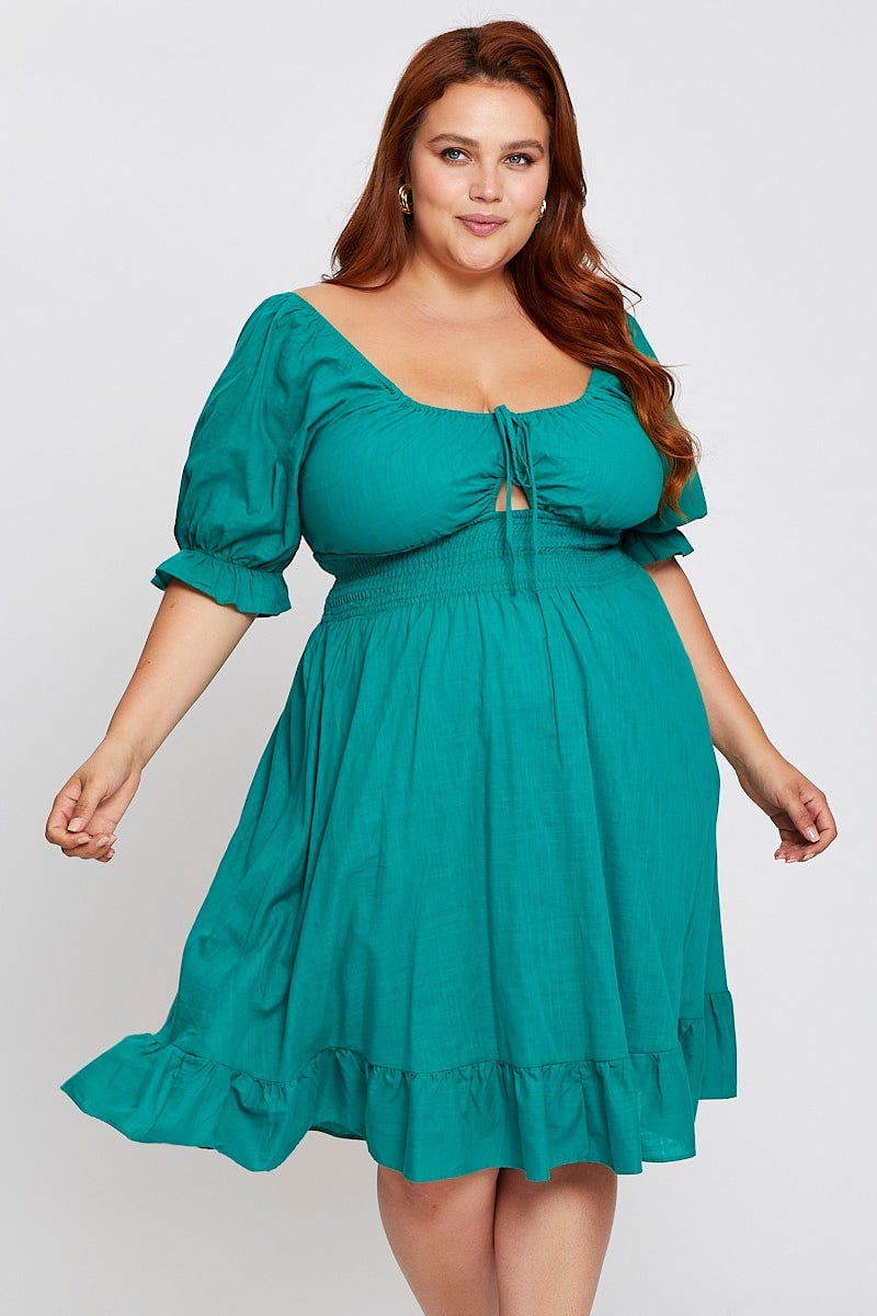 Green Short Puff Sleeve Peephole Skater Dress for Women by You and All