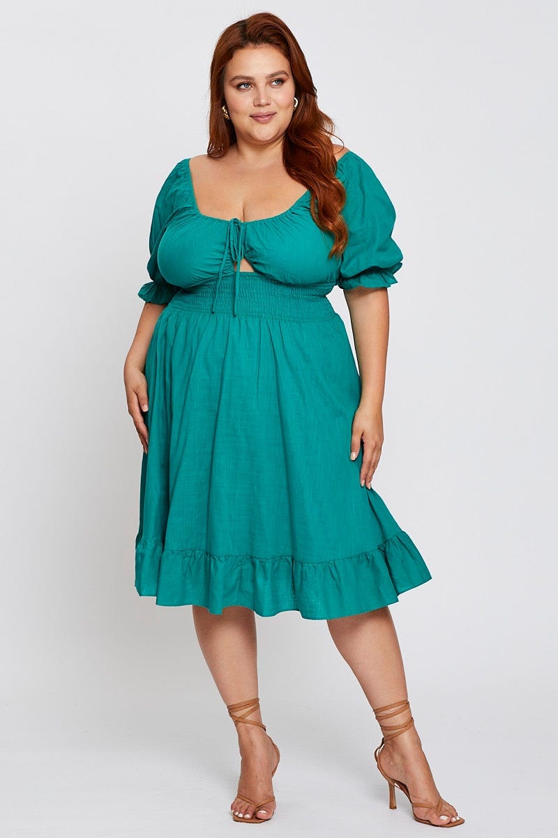 Green Short Puff Sleeve Peephole Skater Dress for Women by You and All