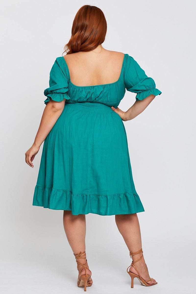 Green Short Puff Sleeve Peephole Skater Dress for Women by You and All