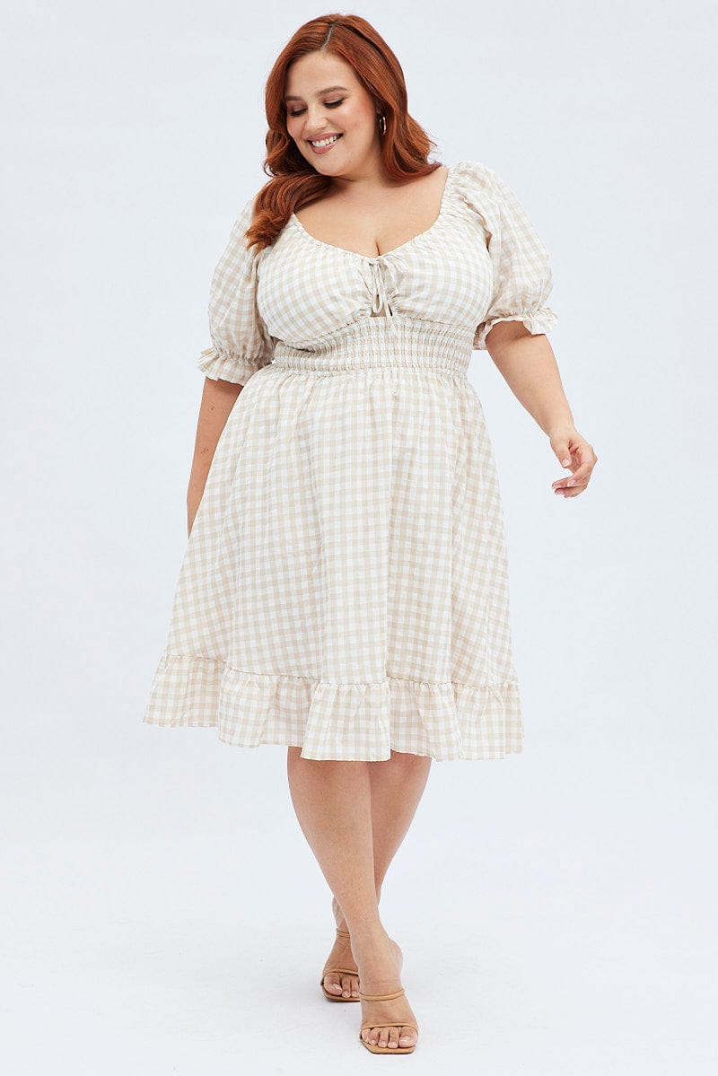Multi Check Skater Dress Puff Sleeve Peephole Front Gingham for YouandAll Fashion