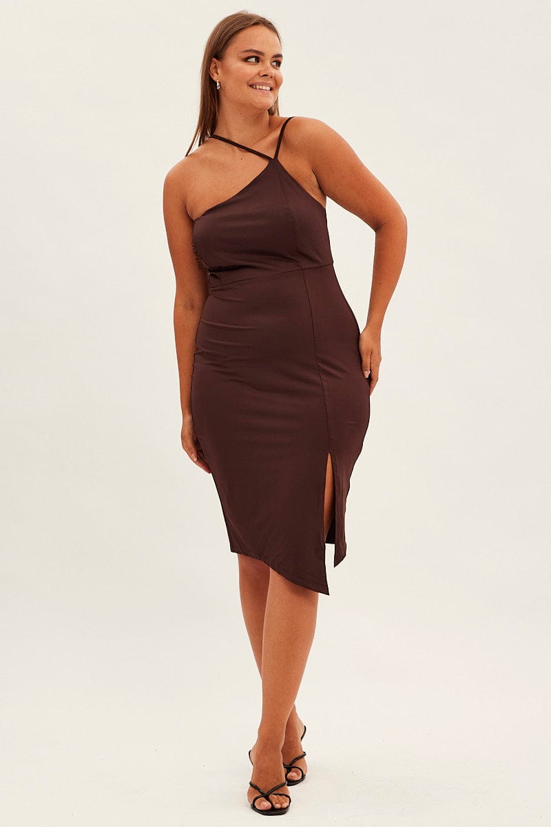 Brown Bodycon Dress One Shoulder Jersey for YouandAll Fashion