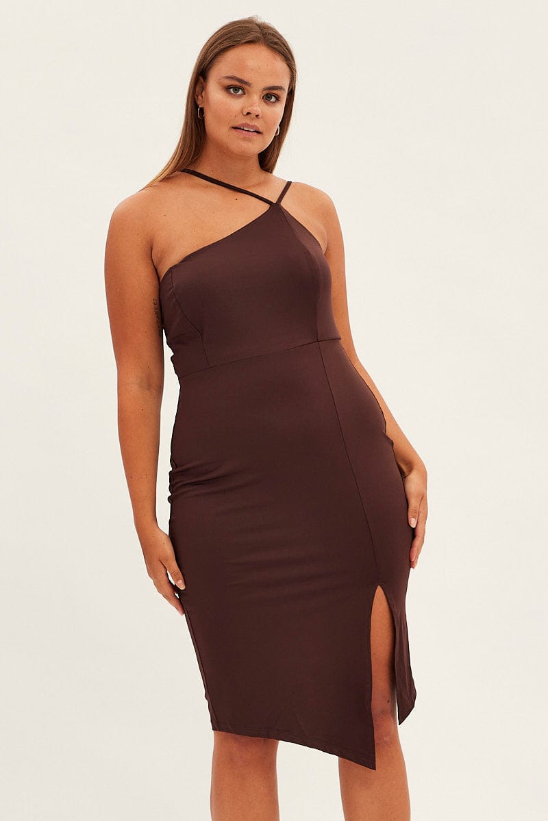 Brown Bodycon Dress One Shoulder Jersey for YouandAll Fashion