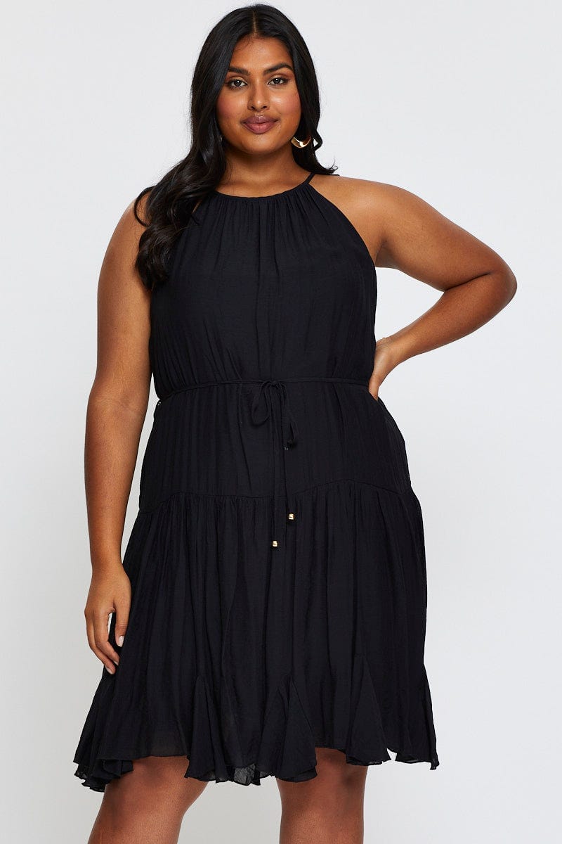 Black Skater Dress Halter Sleeveless Ruffle Hem For Women By You And All