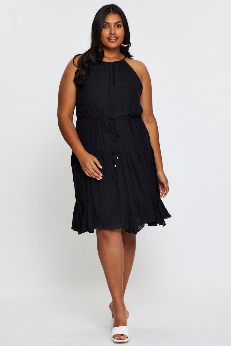 Black Skater Dress Halter Sleeveless Ruffle Hem For Women By You And All