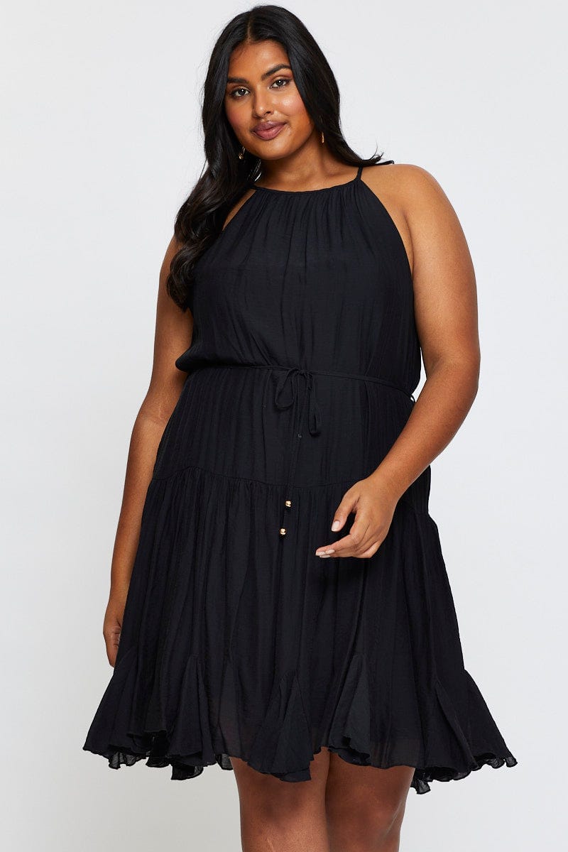 Black Skater Dress Halter Sleeveless Ruffle Hem For Women By You And All