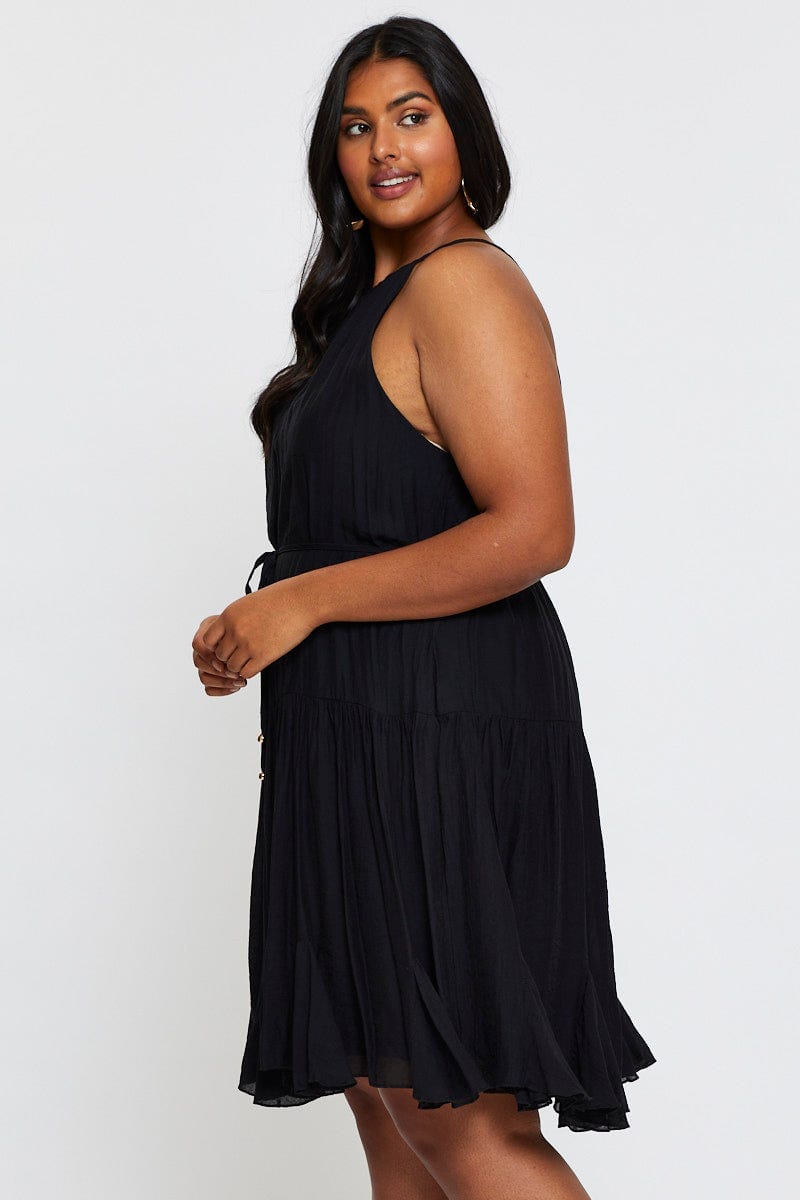 Black Skater Dress Halter Sleeveless Ruffle Hem For Women By You And All