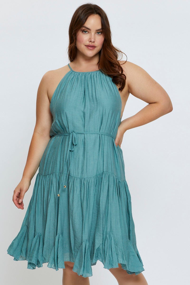 Green Skater Dress Halter Sleeveless Ruffle Hem for Women by You and All