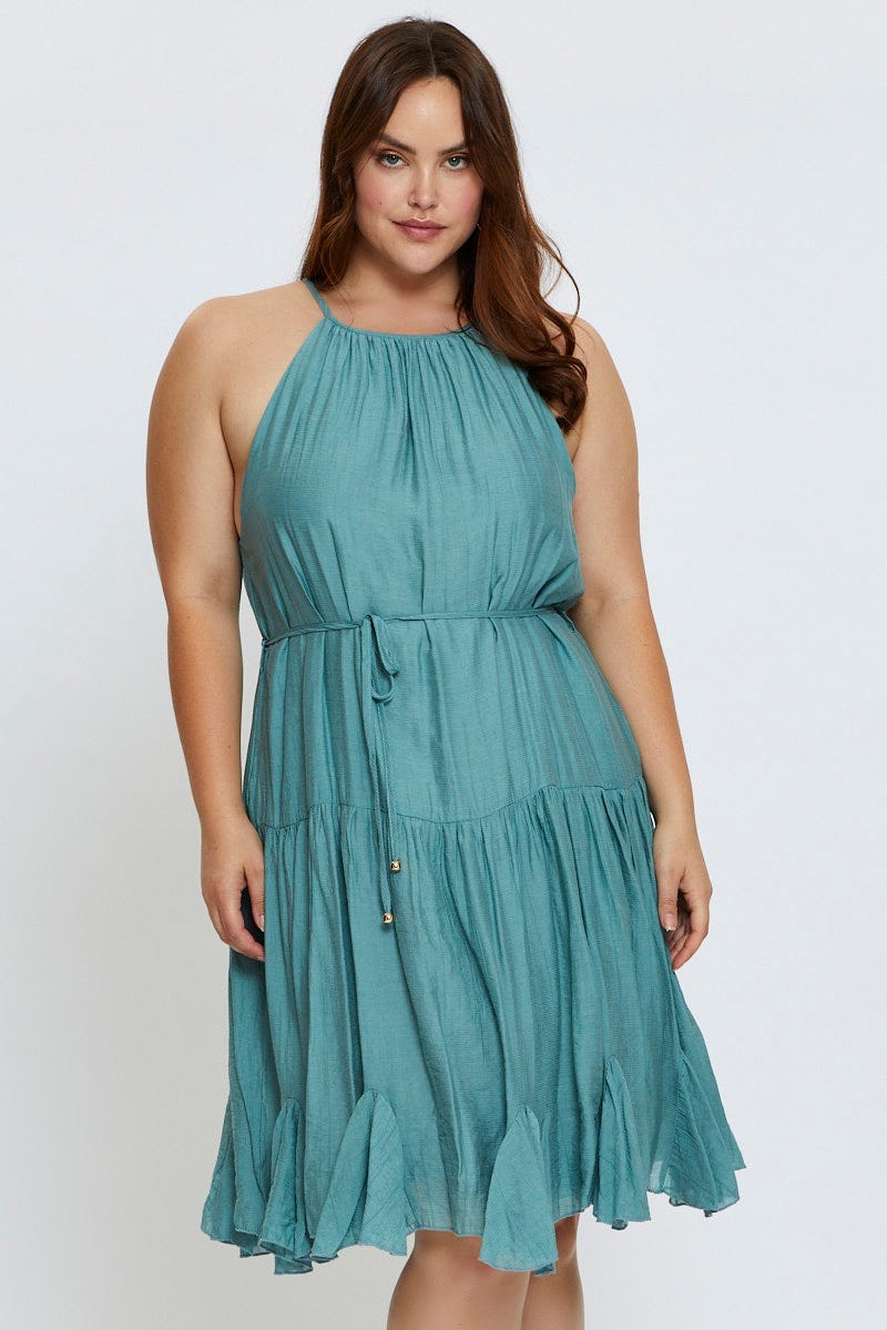 Plus Size Green Skater Dress Halter Sleeveless Ruffle Hem |You + All | Shop Online | You & All Plus Size Green Skater Dress Halter Sleeveless Ruffle Hem |You + All | Shop Online | You & All