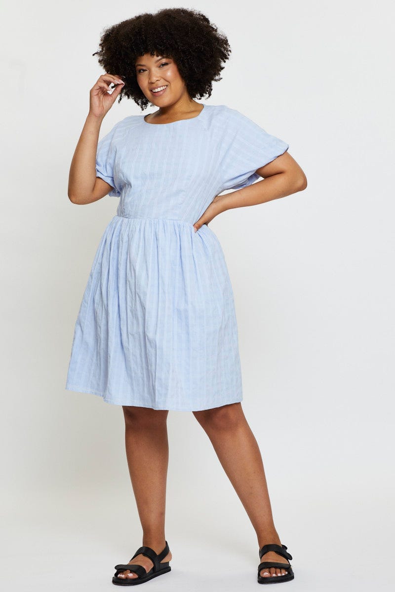 Blue Skater Dress Round Neck Short Sleeve for Women by You and All